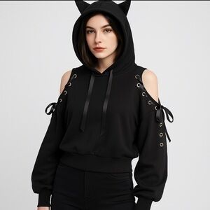 Black Hoodie with cat ears Grommet and Ribbon Details